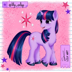 Size: 1580x1580 | Tagged: safe, artist:liliart1211, derpibooru import, twilight sparkle, unicorn twilight, pony, unicorn, g4, abstract background, backwards cutie mark, cutie mark, cutie mark background, digital art, drawing, fanart, female, head turn, horn, looking back, looking to side, looking to the left, magic, mare, open mouth, open smile, smiling, unshorn fetlocks
