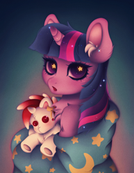 Size: 2550x3300 | Tagged: safe, artist:silverwolf866, derpibooru import, twilight sparkle, oc, pony, :o, blanket, chest fluff, colored ear fluff, ear fluff, ears, female, gradient background, mare, open mouth, plushie, solo, starry eyes, wingding eyes