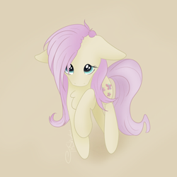 Size: 3996x4000 | Tagged: safe, artist:tkshoelace, derpibooru import, fluttershy, pegasus, pony, g4, chest fluff, cute, ears, female, floppy ears, hair over one eye, hidden wings, looking at you, looking up, looking up at you, mare, raised hoof, raised leg, shyabetes, simple background, solo, yellow background