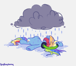 Size: 2300x2000 | Tagged: safe, artist:bishopony, derpibooru import, part of a set, rainbow dash, pegasus, pony, g4, arms spread out, blue coat, cloud, colored, depressed, female, gray background, headphones, high res, listening to music, long mane, long tail, lying down, mare, mood, multicolored hair, multicolored mane, multicolored tail, on back, rain, rainbow hair, rainbow tail, raincloud, sad, sadbow dash, signature, simple background, solo, tail, underhoof, wet, wet mane, wet tail, white background