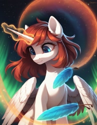 Size: 1792x2304 | Tagged: safe, ai content, derpibooru import, generator:pony diffusion v6 xl, generator:stable diffusion, machine learning generated, oc, oc only, oc:fausticorn, alicorn, pony, aurora borealis, feather, female, horn, looking down, magic, mare, night, prompter:ramprover, slender, solo, stars, telekinesis, thin, wings