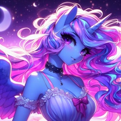 Size: 1024x1024 | Tagged: safe, ai content, derpibooru import, machine learning generated, oc, oc only, alicorn, anthro, adorasexy, alicorn oc, beautiful, big breasts, bow, breasts, busty oc, choker, collar, cute, female, frilly, head tilt, horn, night, prompter:horselover fat, sexy, solo, wings