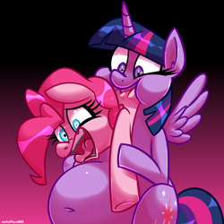Size: 4000x4000 | Tagged: safe, artist:metalface069, derpibooru import, pinkie pie, twilight sparkle, twilight sparkle (alicorn), alicorn, earth pony, pony, g4, belly, belly blush, big belly, bipedal, commission, duo, duo female, fat, female, gradient background, pinkie prey, twipred, vore