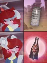 Size: 4096x5461 | Tagged: safe, artist:sodapop sprays, derpibooru import, oc, oc only, oc:skyfire lumia, pegasus, pony, fallout equestria, blushing, chest fluff, clothes, disappointed, ear fluff, ears, fallout, happy, hotline bling, jumpsuit, meme, nuka cola, solo, vault suit, wasteland, water
