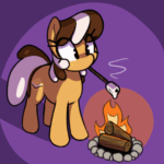 Size: 560x560 | Tagged: safe, artist:thebatfang, derpibooru import, oc, oc only, oc:s'mare, earth pony, food pony, original species, pony, animated, campfire, cute, female, food, mare, marshmallow, mouth hold, ocbetes, ponified, purple background, simple background, solo, species swap