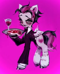 Size: 1660x2048 | Tagged: safe, artist:p0nyplanet, derpibooru import, oc, oc only, oc:oopsie doodle, pegasus, pony, alcohol, blood, facial hair, food, glass, meat, moustache, pink background, simple background, solo, stitches, waiter, wine, wine glass
