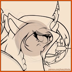 Size: 2000x2000 | Tagged: safe, artist:avery-valentine, derpibooru import, queen chrysalis, changeling, changeling queen, drool, female, horn, mare, monochrome, patreon, patreon reward, solo, suggestive eating, tongue, tongue out