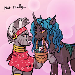 Size: 2166x2166 | Tagged: safe, artist:overlordneon, derpibooru import, zecora, oc, oc:chriki, changeling, zebra, abstract background, adopted offspring, basket, changeling oc, duo, duo female, female, headband, high res, mare, mother and child, mother and daughter, mother's day, mouth hold, offspring, open mouth, open smile, parent and child, parent:queen chrysalis, parent:zecora, smiling