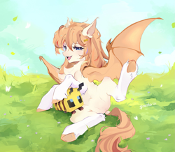 Size: 2293x2000 | Tagged: safe, artist:spoosha, derpibooru import, edit, oc, oc:honey milk, bat pony, bee, butterfly, insect, pony, anonymous editor, butt, chest fluff, featureless crotch, female, grass, hairclip, mare, minecraft, minecraft bee, plot, solo, spread legs, spreading, underhoof, unshorn fetlocks