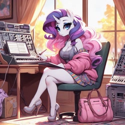 Size: 1024x1024 | Tagged: safe, ai content, derpibooru import, machine learning generated, rarity, anthro, unicorn, g4, adorasexy, autumn, bag, big breasts, breasts, chair, cleavage, clothes, composing, crossed legs, cute, female, frown, handbag, high heels, horn, jacket, keyboard, looking at you, monitor, musical instrument, no tail, office chair, pen, prompter:horselover fat, purse, raritits, sexy, shoes, sitting, solo, synthesizer, table, window, writing
