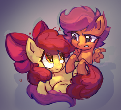 Size: 726x659 | Tagged: safe, artist:krabling, derpibooru import, apple bloom, scootaloo, earth pony, pegasus, pony, g4, apple bloom's bow, bow, duo, duo female, female, filly, foal, gradient background, hair bow, looking at each other, looking at someone, lying down, prone, shadow, spread wings, wings