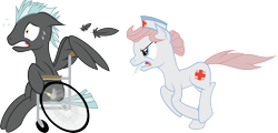 Size: 7885x3798 | Tagged: safe, artist:justablankflank, derpibooru import, nurse redheart, thunderlane, earth pony, pegasus, pony, absurd resolution, duo, duo male and female, feather, female, gritted teeth, hat, male, mare, mouth hold, nervous, newbie artist training grounds, running, simple background, stallion, sweat, syringe, teeth, transparent background, wheelchair