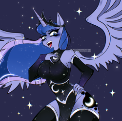 Size: 3142x3124 | Tagged: safe, artist:ottabysystem, derpibooru import, princess luna, alicorn, anthro, breasts, hand on chest, high res, open mouth, princess balloona, spread wings, wings