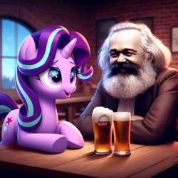 Size: 1024x1024 | Tagged: safe, ai content, derpibooru import, generator:dall-e 3, machine learning generated, starlight glimmer, human, pony, unicorn, g4, alcohol, bar, beer, coca-cola, drink, female, generator:copilot, horn, indoors, karl marx, looking at each other, looking at someone, mare, sitting, wrong cutie mark