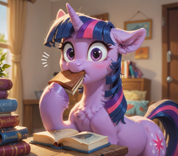 Size: 1024x896 | Tagged: safe, ai content, derpibooru import, generator:pony diffusion v6 xl, generator:stable diffusion, machine learning generated, twilight sparkle, unicorn twilight, unicorn, g4, anonymous prompter, bibliovore, blushing, book, caught, chest fluff, drapes, ear fluff, ears, eating, emanata, female, i can explain, indoors, looking at you, mare, object vore, shitposting, solo, that pony sure does love books, unshorn fetlocks, window