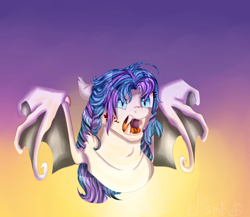 Size: 2322x2018 | Tagged: safe, artist:deadsmoke, derpibooru import, oc, oc only, oc:agness, bat pony, blood, commission, fangs, gradient background, hissing, solo, spread wings, sunset, wings, ych result