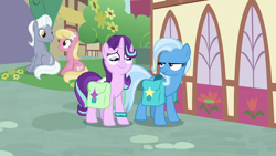 Size: 1920x1080 | Tagged: safe, derpibooru import, screencap, lily, lily valley, royal riff, starlight glimmer, trixie, earth pony, pony, unicorn, g4, student counsel, bag, bracelet, female, great moments in animation, horn, jewelry, male, mare, saddle bag, sitting, smear frame, stallion