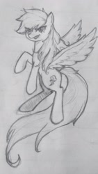 Size: 2231x3967 | Tagged: safe, artist:37240622, derpibooru import, rainbow dash, pegasus, pony, female, flying, frown, lined paper, mare, pencil drawing, smiling, solo, traditional art