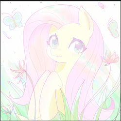 Size: 1141x1144 | Tagged: safe, artist:37240622, derpibooru import, fluttershy, butterfly, pegasus, pony, cute, female, flower, grass, mare, shyabetes, smiling, solo