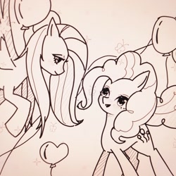 Size: 2258x2258 | Tagged: safe, artist:37240622, derpibooru import, fluttershy, pinkie pie, earth pony, pegasus, pony, balloon, duo, duo female, female, heart, heart balloon, photo, picture of a screen, sketch, smiling