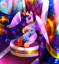 Size: 1738x1883 | Tagged: safe, artist:darksly, derpibooru import, princess twilight 2.0, twilight sparkle, twilight sparkle (alicorn), oc, oc:star crest, alicorn, pony, unicorn, duo, duo male and female, female, horn, hug, male, mare, older, older twilight, older twilight sparkle (alicorn), stallion, unicorn oc