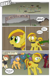 Size: 2024x3074 | Tagged: safe, artist:bruinsbrony216, derpibooru import, oc, oc only, oc:honeycomb, earth pony, pony, unicorn, comic:fallout equestria: grounded, fallout equestria, female, gun, hat, horn, mare, slave collar, spanking, weapon