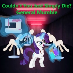 Size: 900x900 | Tagged: safe, artist:aaliyah_rosado, artist:general mumble, artist:poowis, artist:user15432, derpibooru import, rarity, pony, unicorn, lil-miss rarity, g4, album, album cover, angry, couldn't you just simply die?, glowing, glowing horn, horn, lights, magic, magic aura, mannequin, needle, open mouth, raised hoof, raised leg, sewing machine, sewing needle, thread