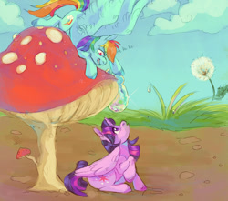 Size: 1700x1500 | Tagged: safe, artist:abbytabbys, derpibooru import, rainbow dash, twilight sparkle, twilight sparkle (alicorn), alicorn, pegasus, pony, g4, backwards cutie mark, blue coat, blue hooves, cloud, colored hooves, cute, dandelion, dashabetes, day, detailed background, dialogue, dirt, duo, duo female, eye clipping through hair, eyelashes, female, folded wings, giggling, grass, horn, imminent prank, large wings, laughing, long mane, long tail, looking at each other, looking at someone, looking up, mare, multicolored hair, multicolored mane, multicolored tail, mushroom, open mouth, outdoors, pink eyes, prank, profile, purple eyes, purple hooves, rainbow hair, rainbow tail, raised hooves, shiny mane, shiny tail, sitting, sky, smiling, smiling at someone, spread wings, tail, text, tiny, tiny ponies, twiabetes, unicorn horn, unshorn fetlocks, wing fluff, wings