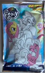 Size: 2493x4026 | Tagged: safe, derpibooru import, fluttershy, pinkie pie, spike, dragon, earth pony, pegasus, g4, baby, baby dragon, bag, cardboard cutout, colored, female, irl, mare, marker, marker drawing, merchandise, monochrome, my little pony logo, package, photo, traditional art