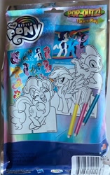 Size: 2480x3940 | Tagged: safe, derpibooru import, applejack, fluttershy, pinkie pie, rainbow dash, rarity, spike, twilight sparkle, g4, bag, barcode, cardboard cutout, colored, irl, mane six, marker, marker drawing, merchandise, monochrome, my little pony logo, package, photo, sticker pack, traditional art