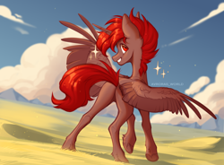 Size: 3400x2500 | Tagged: safe, artist:avroras_world, derpibooru import, oc, oc only, oc:hardy, alicorn, pony, butt, cloud, full body, grass, high res, hoof heart, looking at you, male, nature, plot, rear view, sky, smiling, smiling at you, solo, sparkles, spread wings, stallion, underhoof, wings