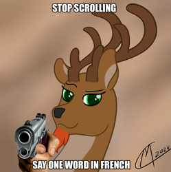 Size: 2177x2187 | Tagged: safe, artist:maître cervidé, derpibooru import, oc, oc:renn, deer, gun, male, meme, signature, solo, text, weapon