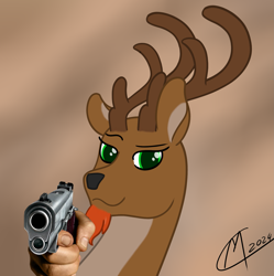 Size: 2177x2187 | Tagged: safe, artist:maître cervidé, derpibooru import, oc, oc:renn, deer, gun, male, meme, signature, solo, weapon