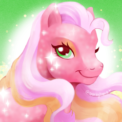 Size: 1779x1779 | Tagged: safe, artist:sparkytopia, derpibooru import, earth pony, pony, g3, bust, closed mouth, digital art, digital painting, divine shine, female, glitter, looking at you, mare, portrait, secret wish, signature, smiling, solo, sparkles