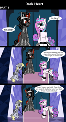 Size: 1920x3516 | Tagged: safe, artist:platinumdrop, derpibooru import, derpy hooves, king sombra, princess flurry heart, alicorn, pegasus, pony, unicorn, comic:dark heart, g4, 3 panel comic, abuse, alternate timeline, armor, avoiding eye contact, bound wings, chains, collar, comic, commission, crystal, crystal castle, crystal empire, dark crystal, derpybuse, dialogue, disdain, evil flurry heart, eyebrows, female, flurry heart is amused, folded wings, horn, husband and wife, indoors, looking at each other, looking at someone, looking away, looking down, male, mare, married couple, older, older derpy hooves, older flurry heart, raised eyebrow, sad, ship:flurrybra, shipping, slave, slave collar, smiling, smug, smug smile, speech bubble, spiked collar, spiked wristband, stallion, straight, throne, throne room, victorious villain, wall of tags, wing cuffs, wings, wristband