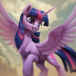 Size: 2048x2048 | Tagged: safe, ai content, derpibooru import, generator:pony diffusion v6 xl, generator:purplesmart.ai, generator:stable diffusion, machine learning generated, twilight sparkle, twilight sparkle (alicorn), alicorn, pony, g4, cloud, prompter:krivovyaz, sky background, smiling, smug, spread wings, wings