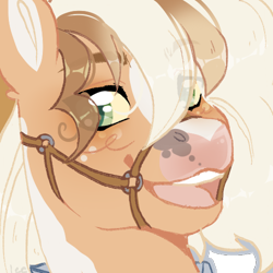 Size: 500x500 | Tagged: safe, artist:lonecrystalcat, derpibooru import, oc, pony, g4, art trade, bridle, bust, commission, commissions open, eye clipping through hair, eyebrows, eyebrows visible through hair, open mouth, open smile, portrait, smiling, tack, trade
