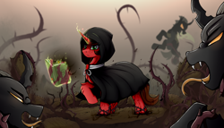 Size: 3760x2150 | Tagged: safe, artist:singovih, derpibooru import, oc, oc:crimson, changeling, pony, unicorn, book, brown changeling, cloak, clothes, crack, cracks, dark magic, dust, epic, fanfic art, horn, magic, roots