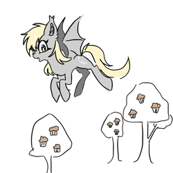 Size: 1179x1179 | Tagged: safe, artist:k050548493, derpibooru import, derpy hooves, bat pony, pony, g4, bat ponified, derpybat, female, flying, mare, muffin tree, race swap, simple background, solo, white background