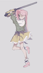 Size: 2217x3734 | Tagged: safe, artist:suiminnyaku41350, derpibooru import, fluttershy, human, chainsaw, gray background, humanized, simple background, solo, stay out of my shed