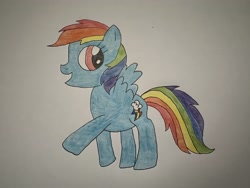 Size: 4032x3024 | Tagged: safe, artist:madisondraws32, derpibooru import, rainbow dash, pegasus, pony, g4, colored pencil drawing, cute, dashabetes, female, hooves, mare, official, open mouth, open smile, raised hoof, raised leg, rearing, simple background, smiling, solo, traditional art, white background