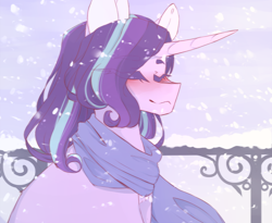 Size: 858x702 | Tagged: safe, artist:riressa, derpibooru import, starlight glimmer, pony, unicorn, g4, blushing, clothes, eyes closed, female, horn, mare, scarf, snow, snowfall, solo, winter