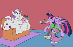 Size: 2757x1793 | Tagged: safe, artist:mellowhen, artist:polofastter, derpibooru import, spike, twilight sparkle, twilight sparkle (alicorn), twilight velvet, alicorn, dragon, pony, unicorn, g4, apron, batter, belly, big belly, butt, clothes, cookie, double chin, fat, female, flower, food, horn, large butt, mare, mother and child, mother and daughter, mother's day, obese, parent and child, plate, simple background, sofa, twilard velvet