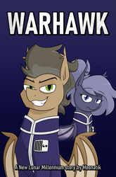 Size: 1591x2414 | Tagged: safe, artist:moonatik, derpibooru import, oc, oc:saturn hawkrich, oc:selenite, bat pony, pony, alternate timeline, bat pony oc, clothes, fanfic, fanfic art, fanfic cover, female, grin, hair bun, male, mare, military uniform, new lunar millennium, nightmare takeover timeline, smiling, stallion, uniform