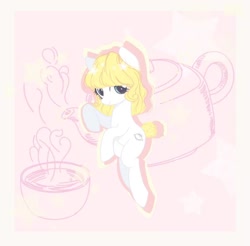 Size: 1096x1080 | Tagged: safe, artist:meinu33481, derpibooru import, oc, earth pony, pony, abstract background, cup, female, mare, smiling, solo, teacup, teapot