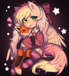 Size: 2849x3118 | Tagged: safe, artist:tyutya, derpibooru import, oc, oc only, oc:blazey sketch, bow, clothes, grey fur, hair bow, long hair, long tail, looking at you, multicolored hair, plushie, shading, simple background, smiling, socks, solo, sweater, tail