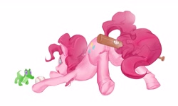Size: 6465x3867 | Tagged: safe, artist:快乐的小马, derpibooru import, gummy, pinkie pie, alligator, earth pony, pony, baseball bat, butt, featureless crotch, female, mare, plot, prehensile tail, simple background, tail, tail hold, underhoof, white background