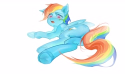 Size: 6465x3867 | Tagged: safe, artist:快乐的小马, derpibooru import, rainbow dash, pegasus, pony, blushing, butt, female, human shoulders, looking at you, lying down, mare, on side, open mouth, plot, simple background, solo, white background