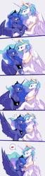 Size: 1048x4096 | Tagged: safe, artist:qswomozi, derpibooru import, princess celestia, princess luna, alicorn, pony, chest fluff, cute, cutelestia, eyes closed, female, heart, horn, horns are touching, hug, looking at each other, looking at someone, lunabetes, mare, royal sisters, sibling love, siblings, simple background, sisterly love, sisters, speech bubble, white background