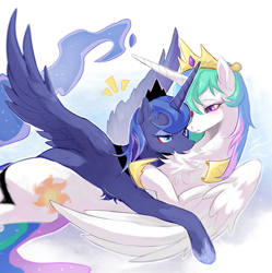 Size: 1021x1024 | Tagged: safe, artist:qswomozi, derpibooru import, princess celestia, princess luna, alicorn, pony, g4, abstract background, blue eyes, blue mane, blue tail, blushing, chest fluff, cloud, crown, digital art, duo, duo female, emanata, ethereal mane, ethereal tail, eyelashes, eyeshadow, feather, female, flowing mane, flowing tail, flying, folded wings, gem, hoof shoes, horn, hug, jewelry, licking, lidded eyes, makeup, mare, open mouth, peytral, regalia, royal sisters, siblings, sisters, sky, spread wings, tail, tongue, tongue out, wings